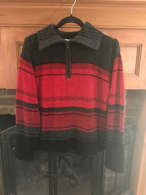 Vintage 80s 90s Erika & Co. Red and Black Half-Zip Chenille Striped Pullover